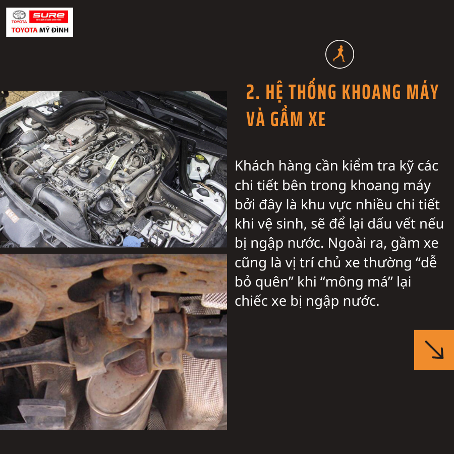kiểm tra hệ thống khoang đèn và gầm xe xem có bị ngập nước không