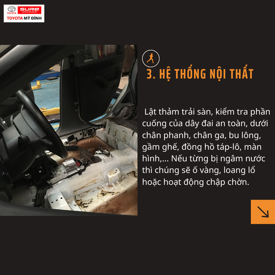 kiểm tra hệ thống nội thất xem có bị ngập nước không