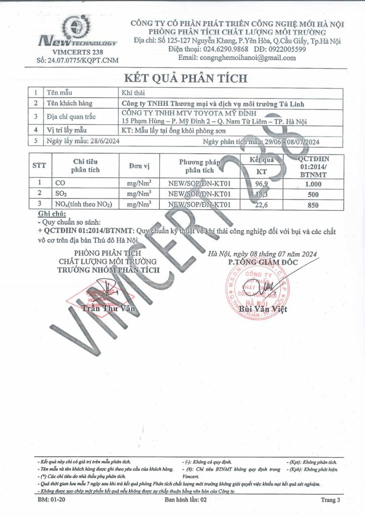 Kết quả quan trắc chất thải tại Toyota Mỹ Đình năm 2024 3