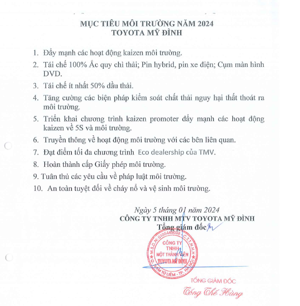Mục tiêu về môi trường năm 2024 của Toyota Mỹ Đình