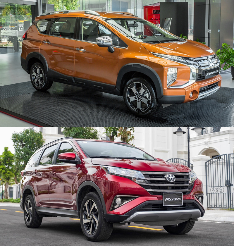 ngoại thất xe Toyota Rush 2022 màu đỏ và Xpander màu vàng